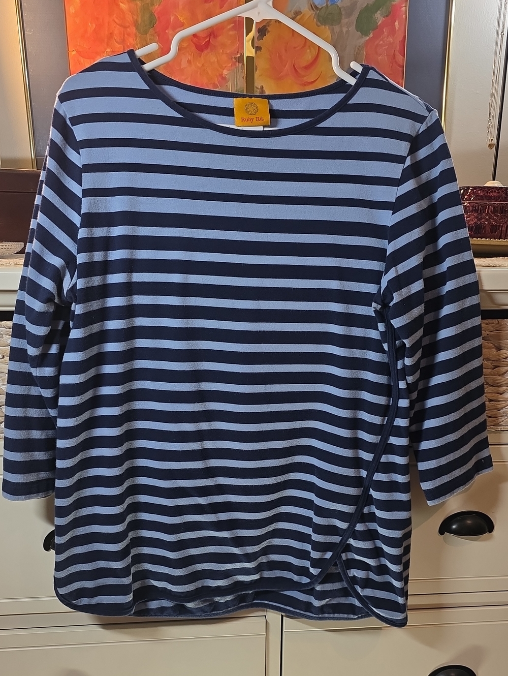 Ruby Rd Navy and Light Blue Striped Boatneck Long Sleeve Top Shirt Soft Cozy Med